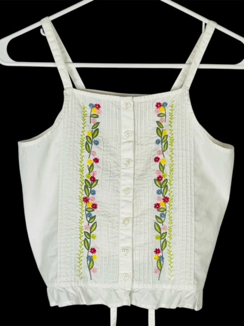 Vtg Y2K Gap Spaghetti Strap Top Girls Sz XL White Embroidered Pintuck Ruffle
